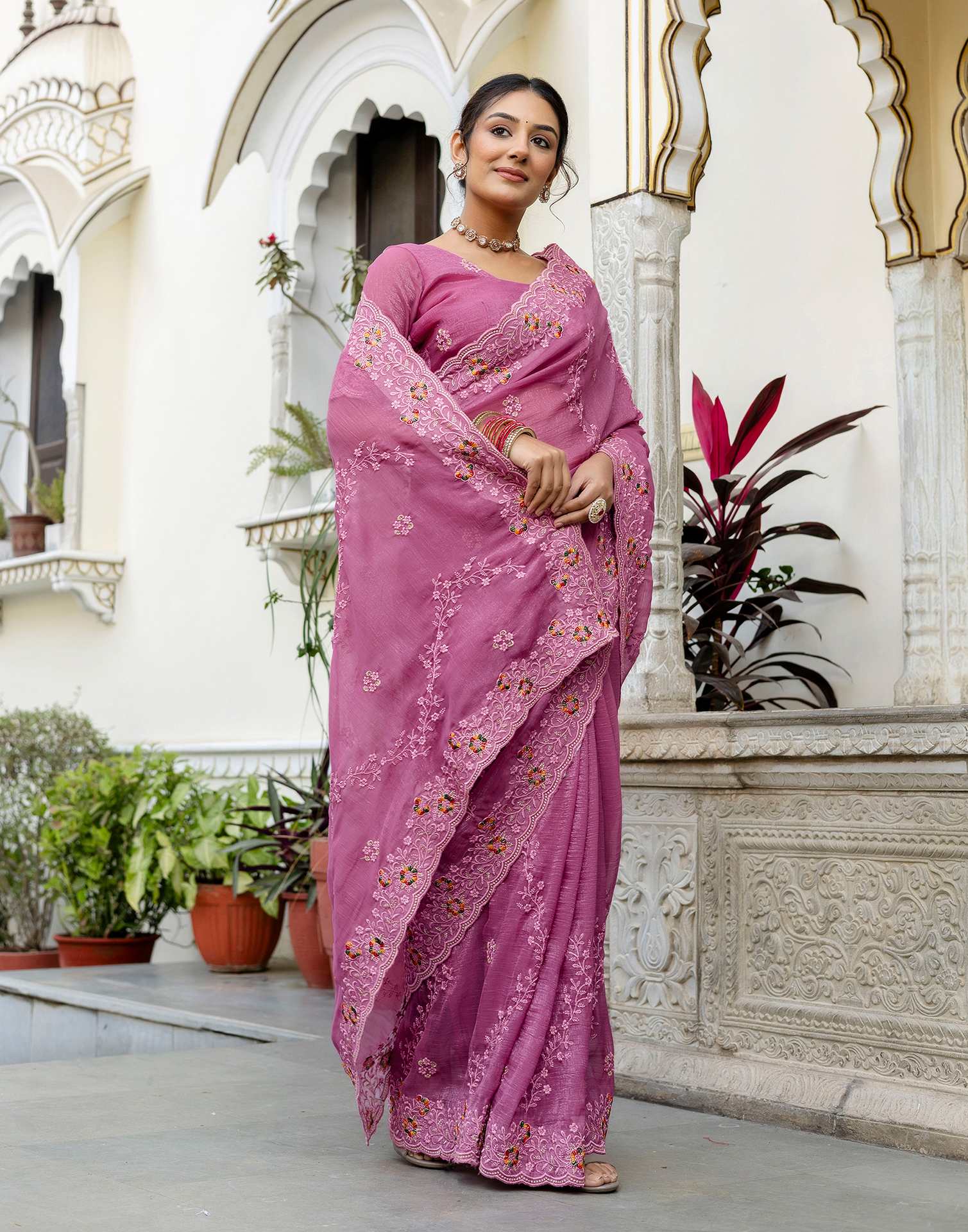 Pink Shimmer Embroidery Saree