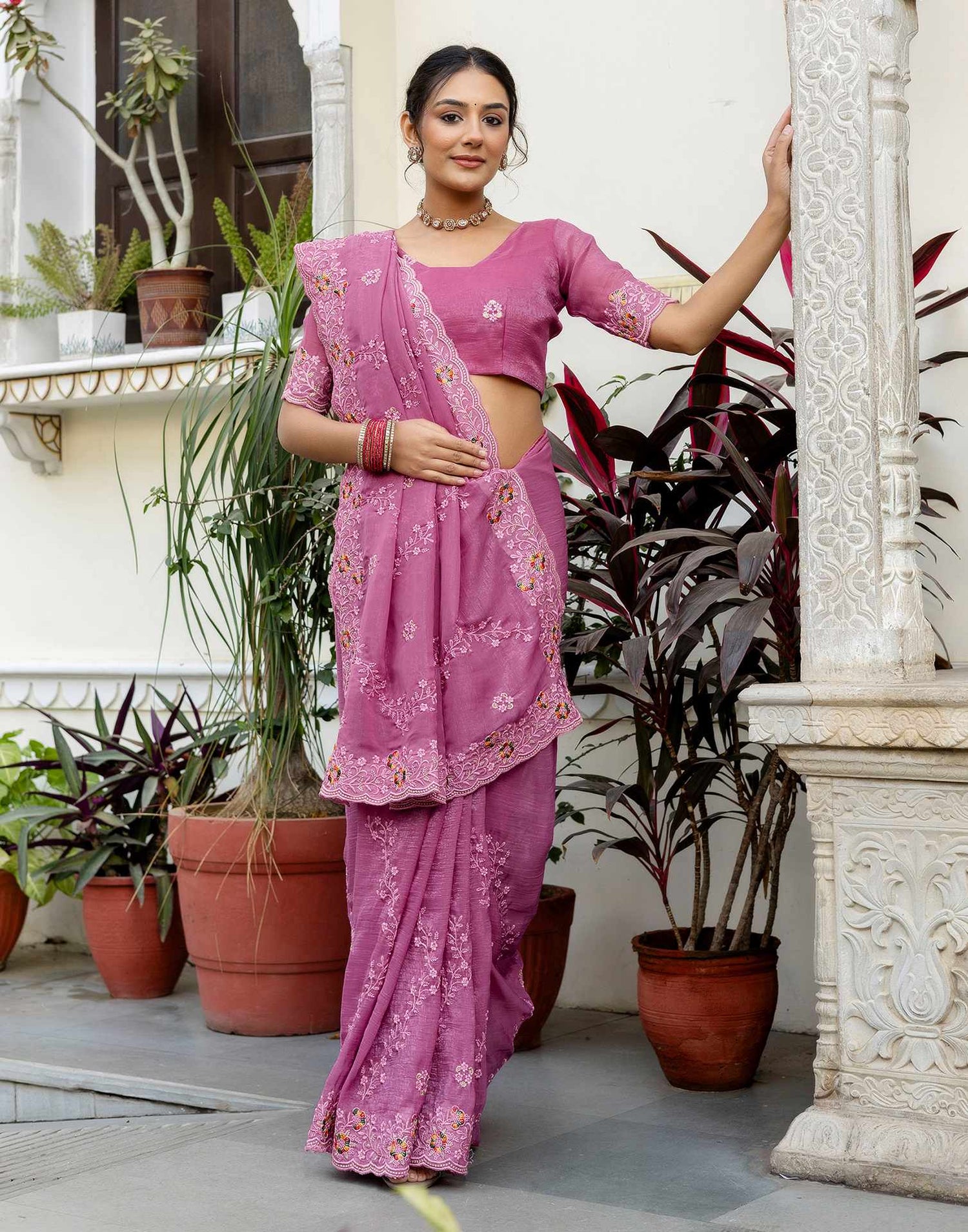 Pink Shimmer Embroidery Saree