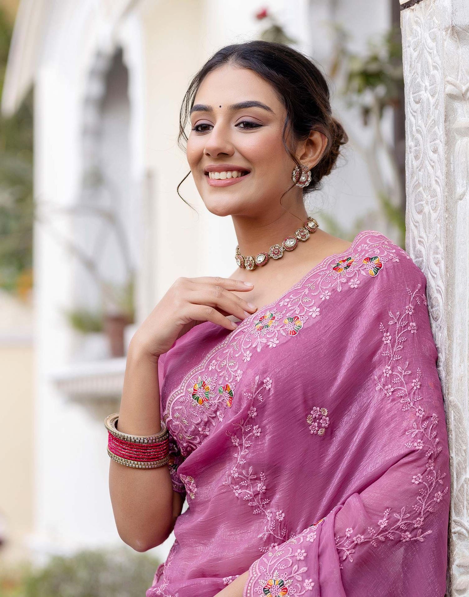 Pink Shimmer Embroidery Saree