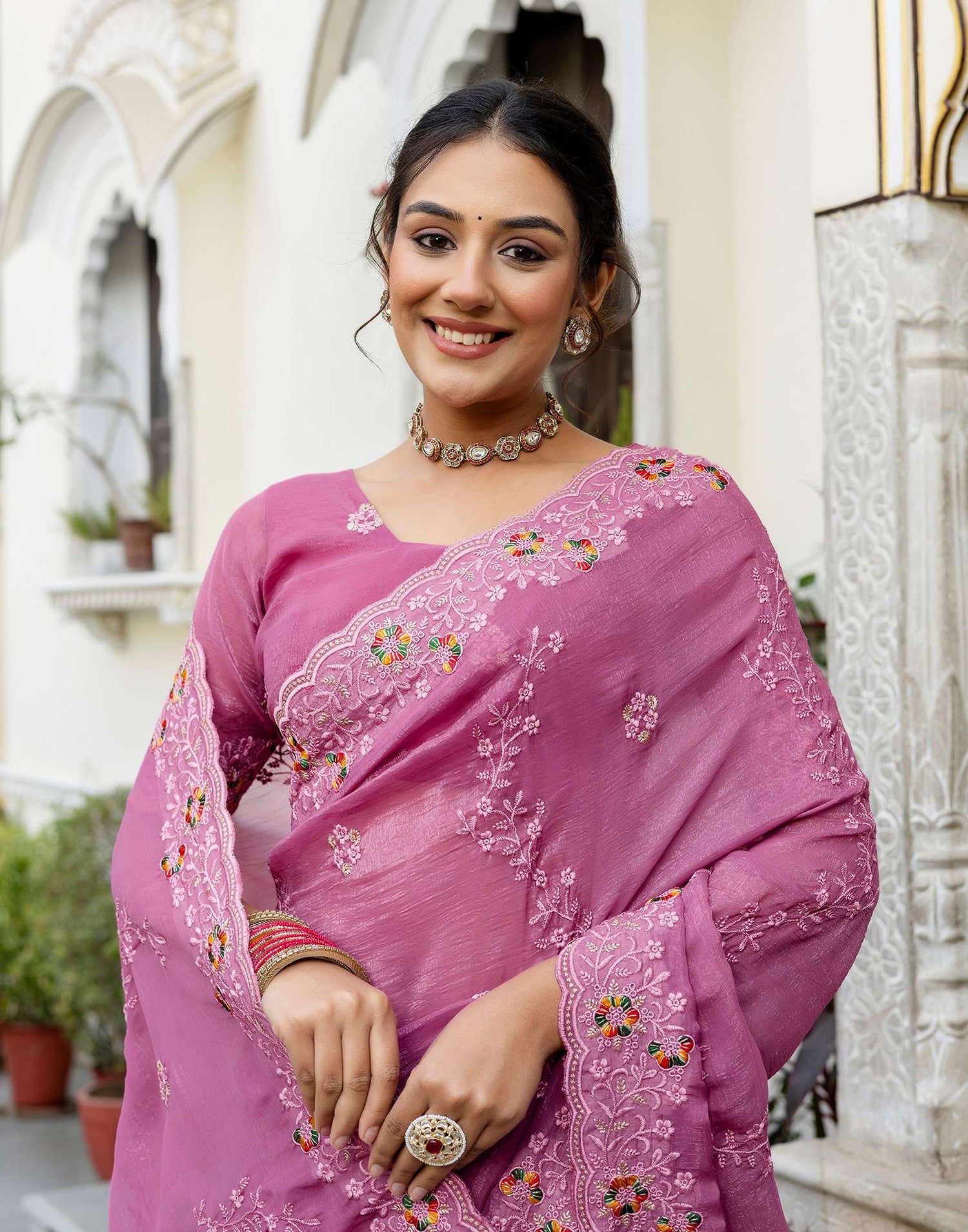 Pink Shimmer Embroidery Saree