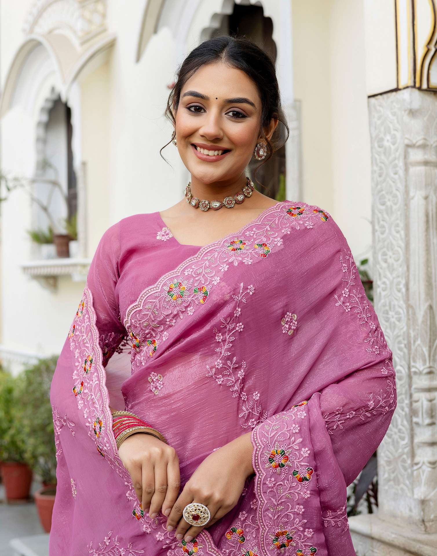 Pink Shimmer Embroidery Saree