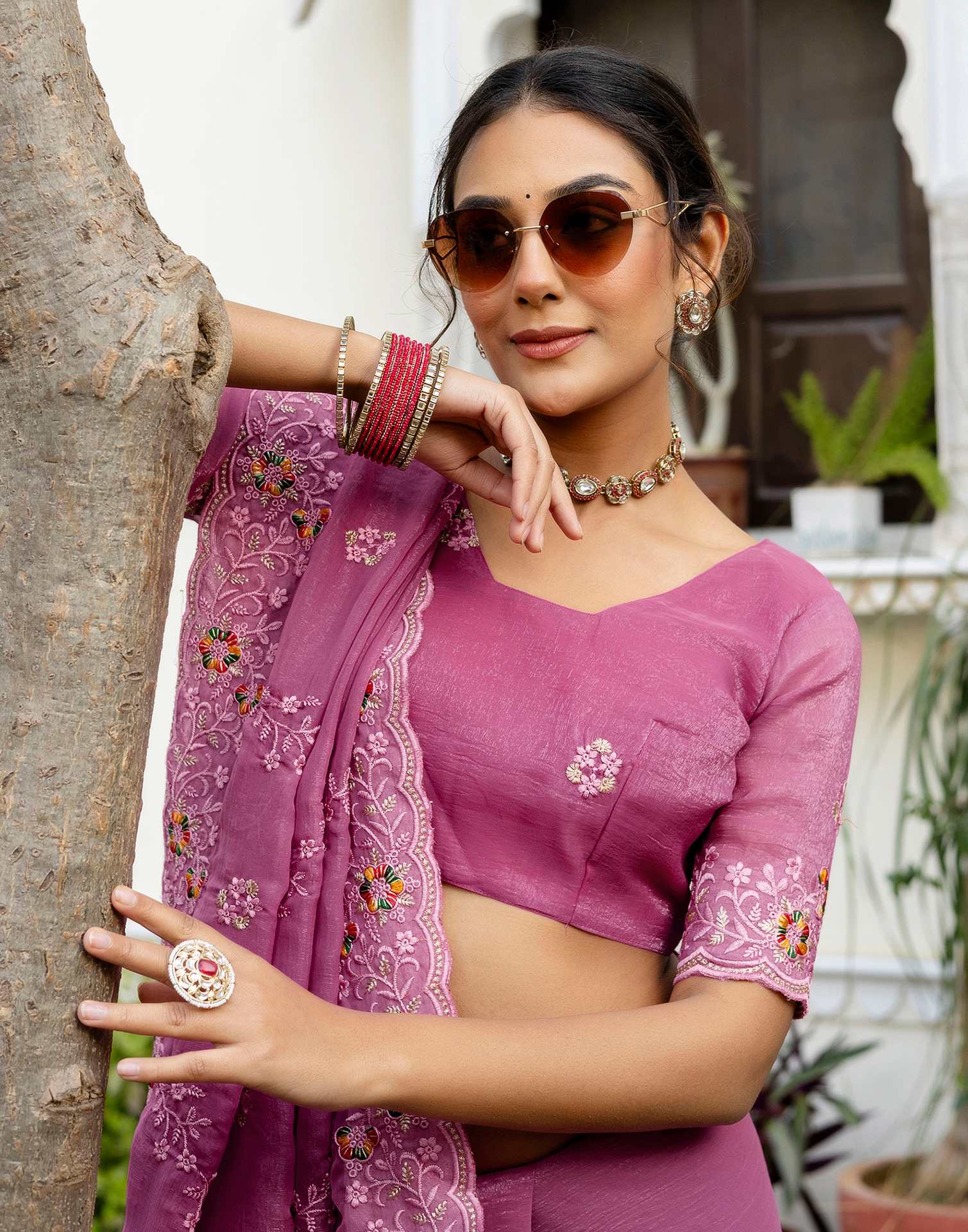 Pink Shimmer Embroidery Saree