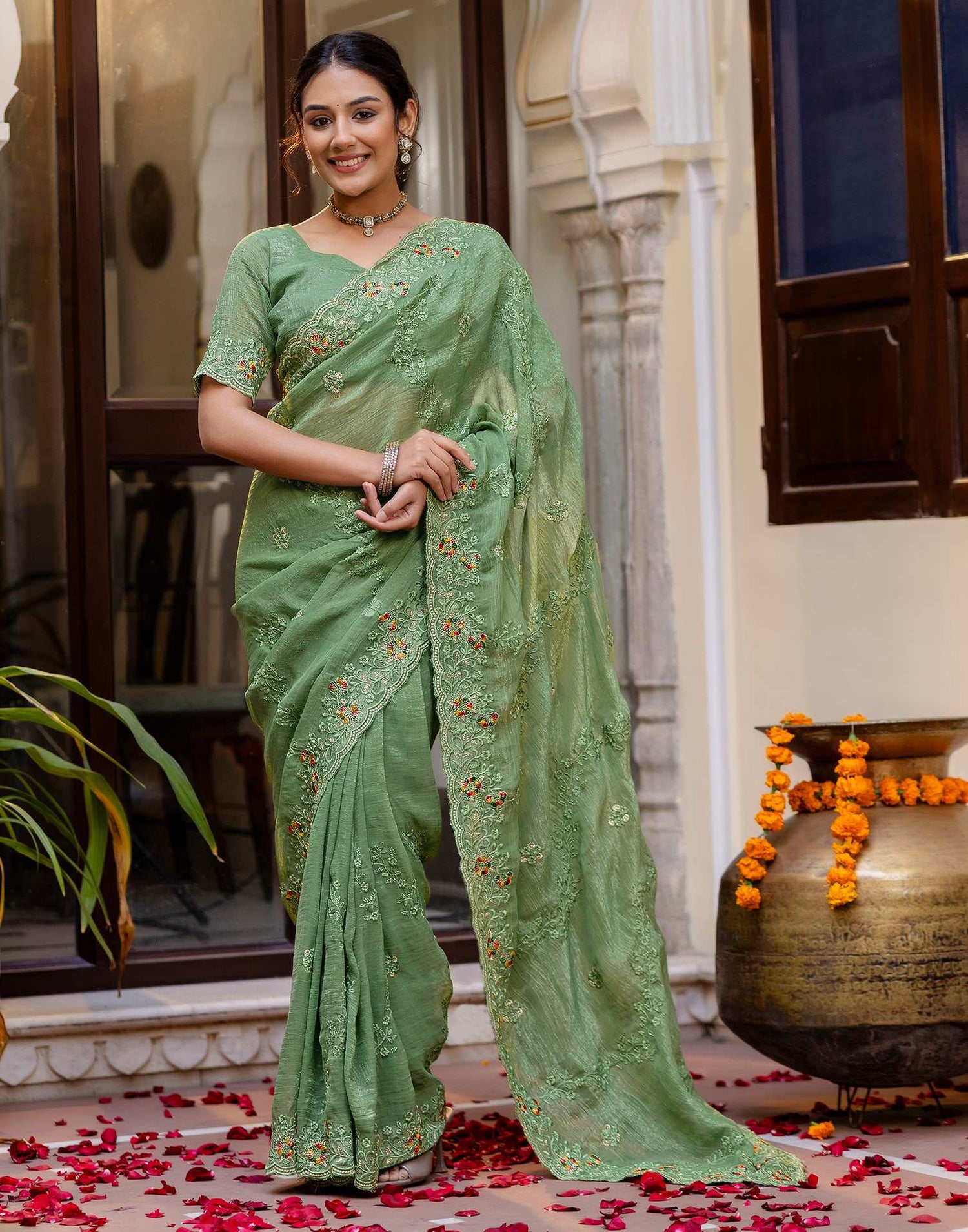 Dusty Green Shimmer Embroidery Saree