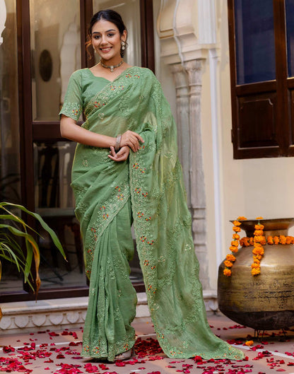 Dusty Green Shimmer Embroidery Saree