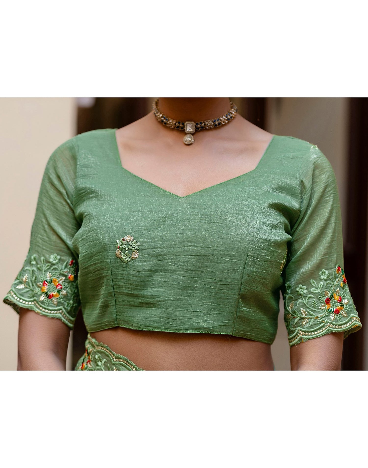 Dusty Green Shimmer Embroidery Saree