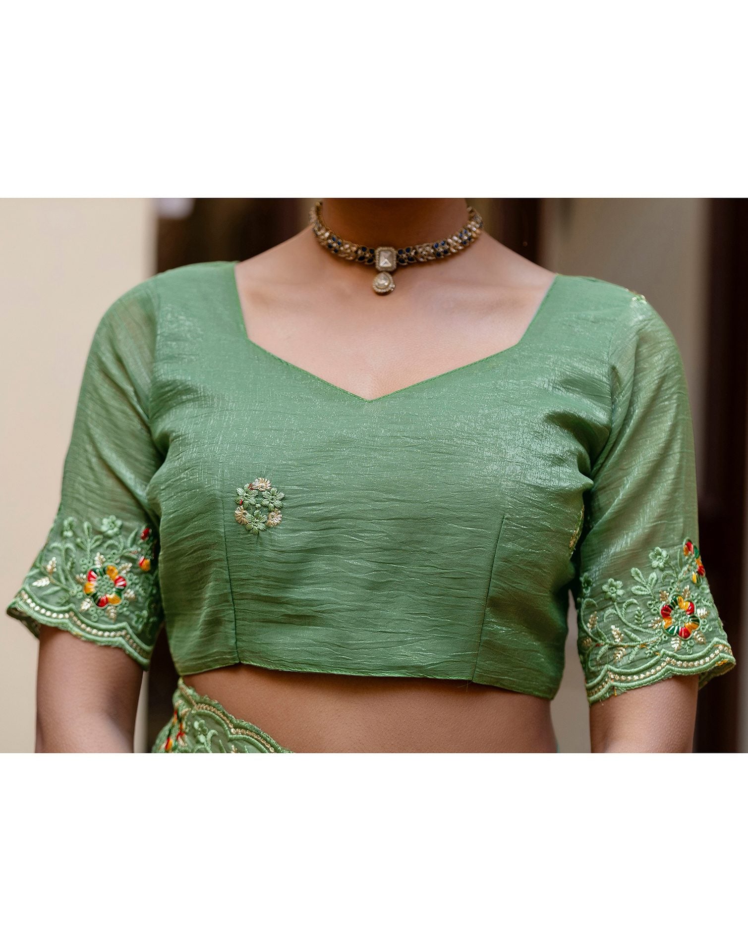 Dusty Green Shimmer Embroidery Saree