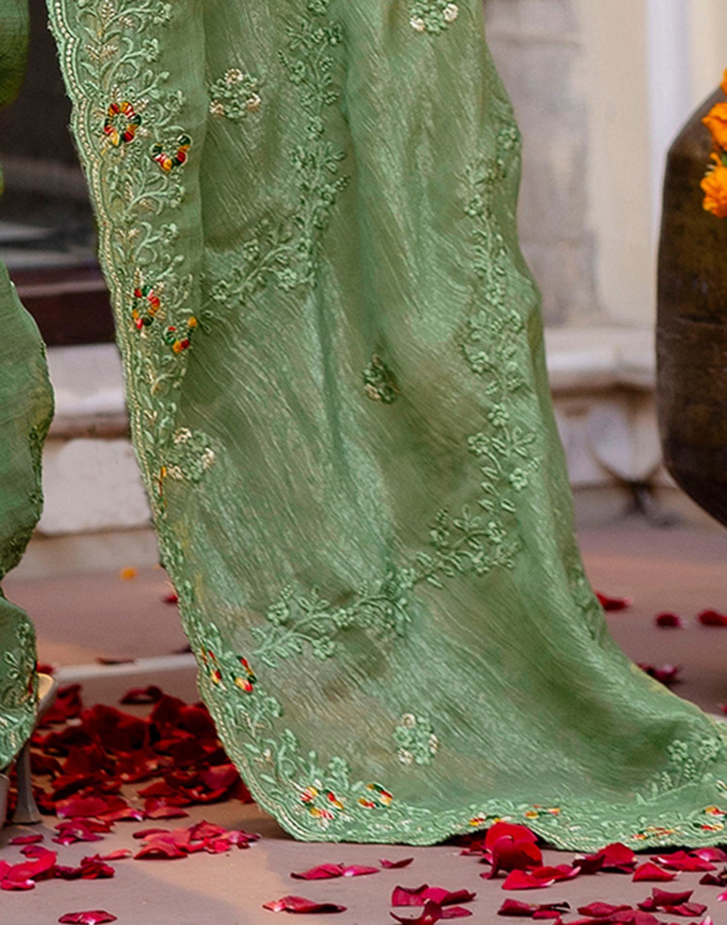 Dusty Green Shimmer Embroidery Saree