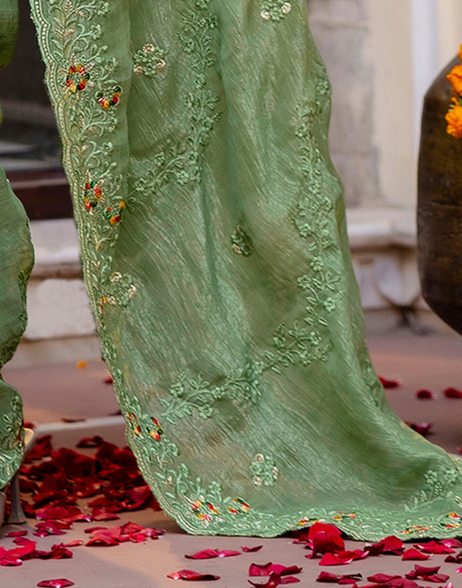 Dusty Green Shimmer Embroidery Saree
