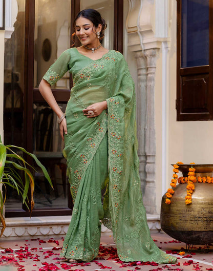 Dusty Green Shimmer Embroidery Saree