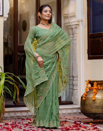 Dusty Green Shimmer Embroidery Saree
