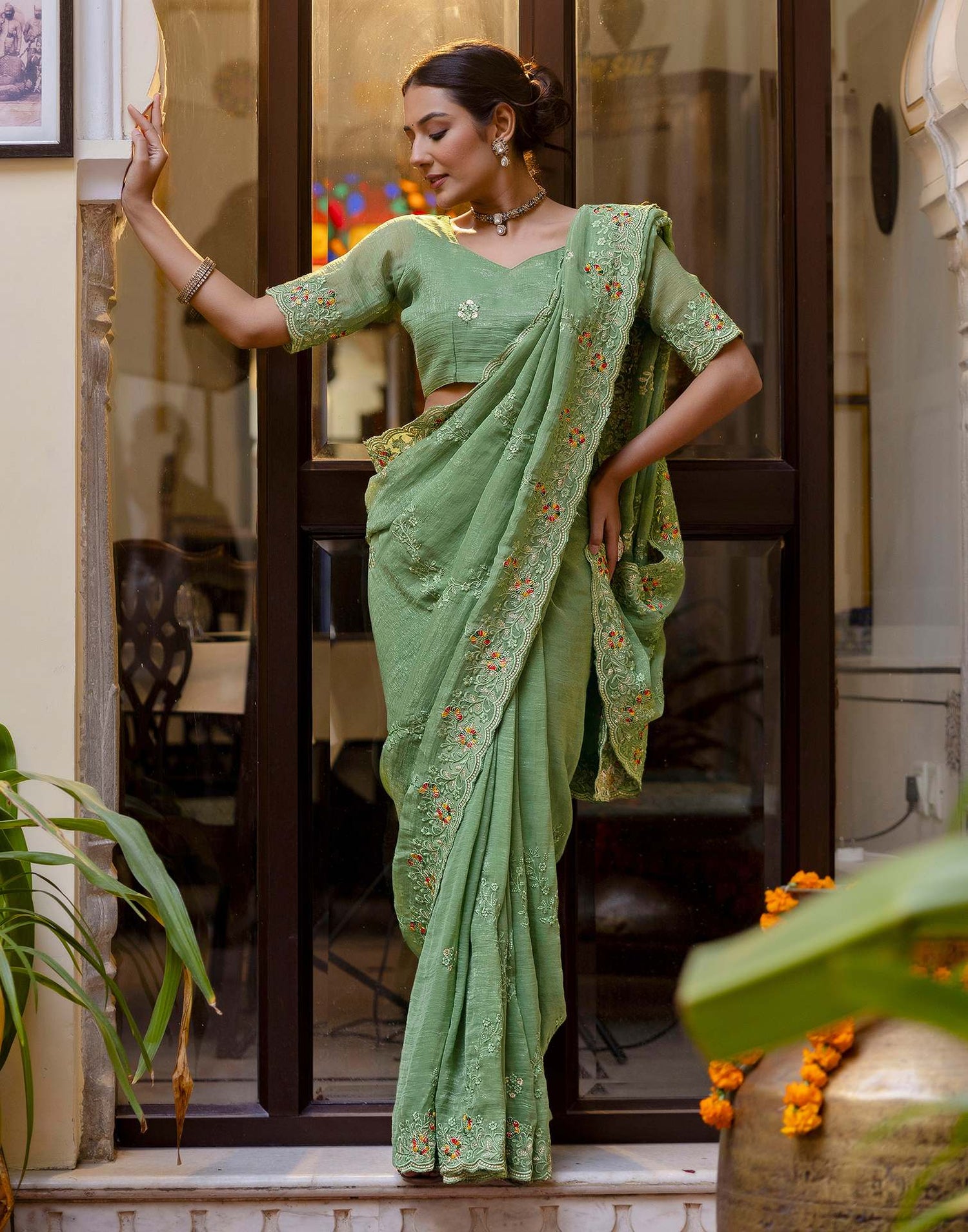 Dusty Green Shimmer Embroidery Saree