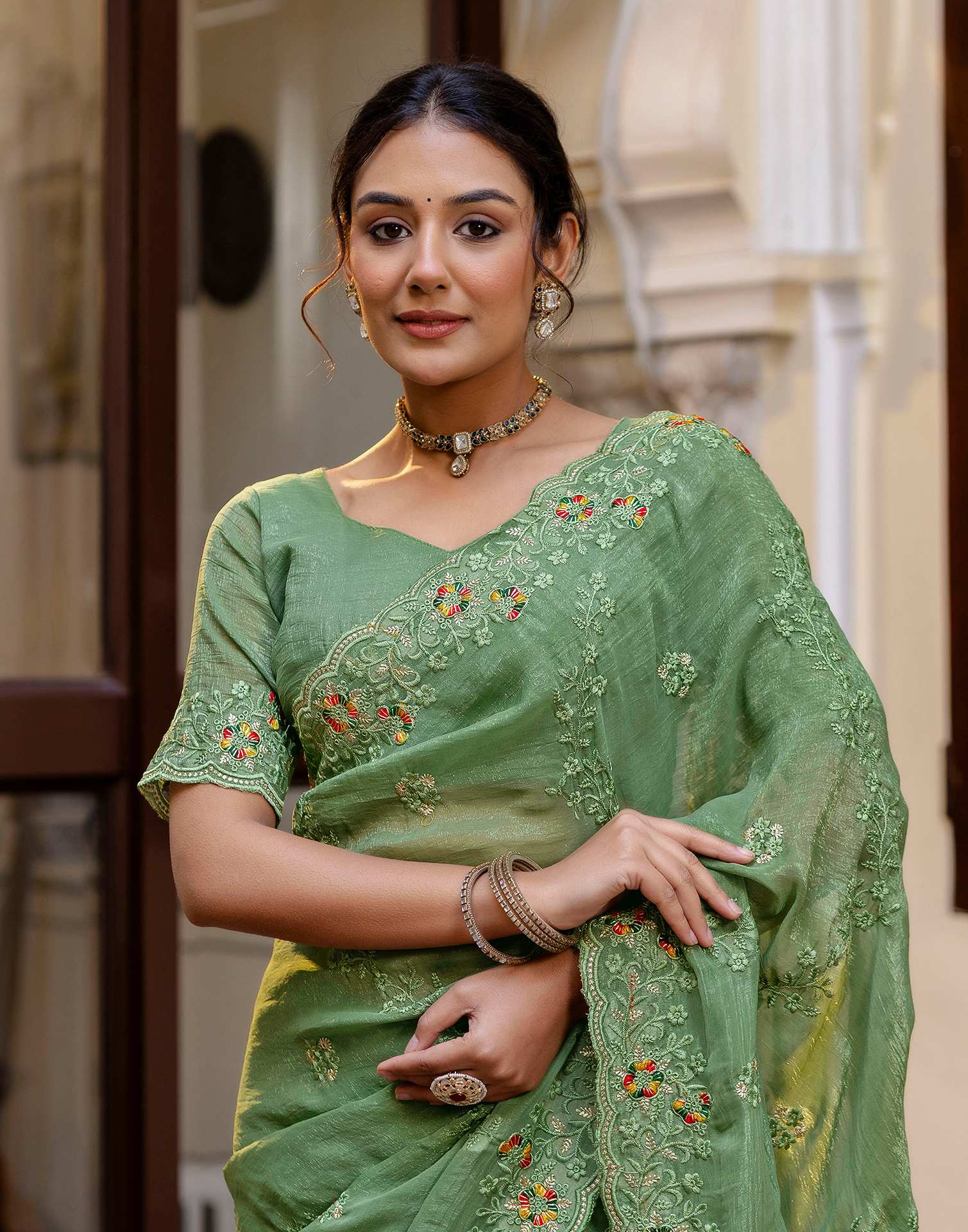 Dusty Green Shimmer Embroidery Saree