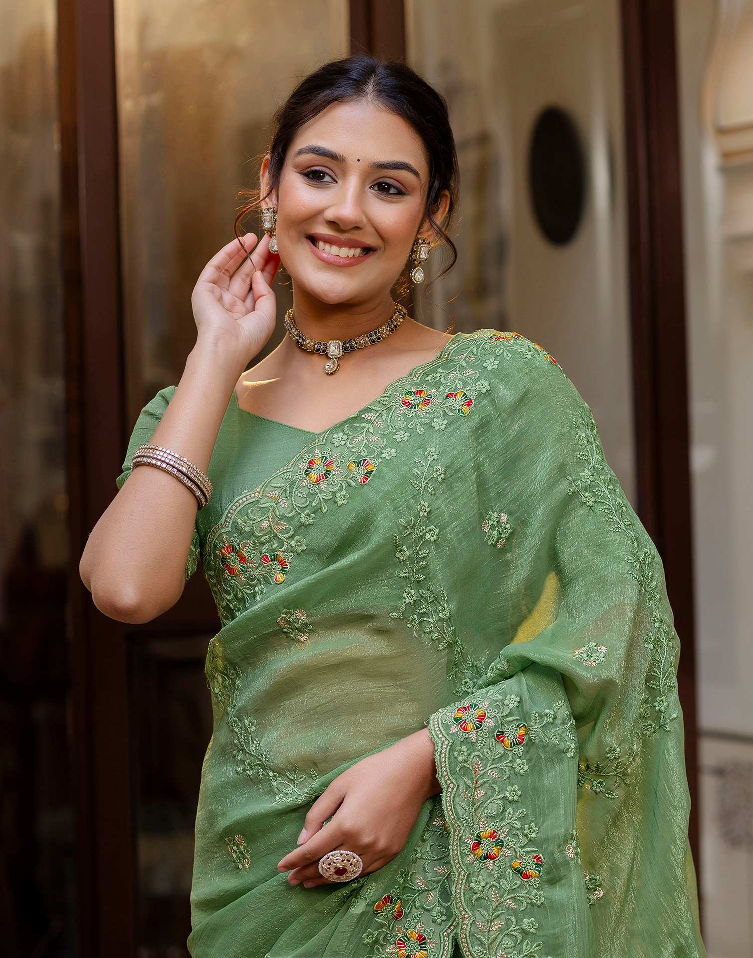 Dusty Green Shimmer Embroidery Saree