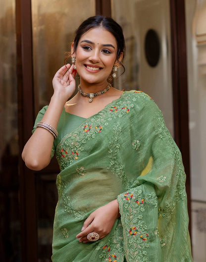 Dusty Green Shimmer Embroidery Saree