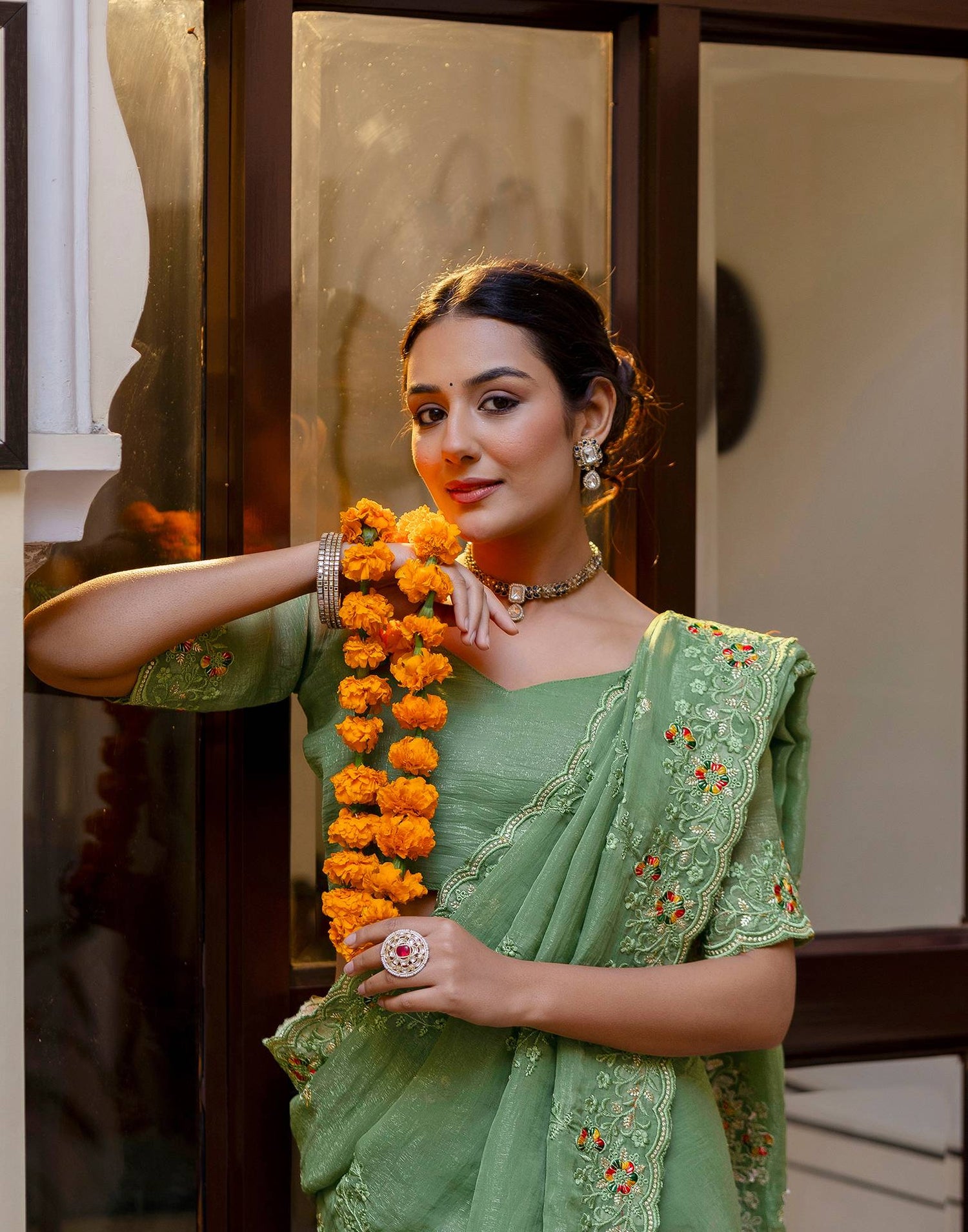Dusty Green Shimmer Embroidery Saree