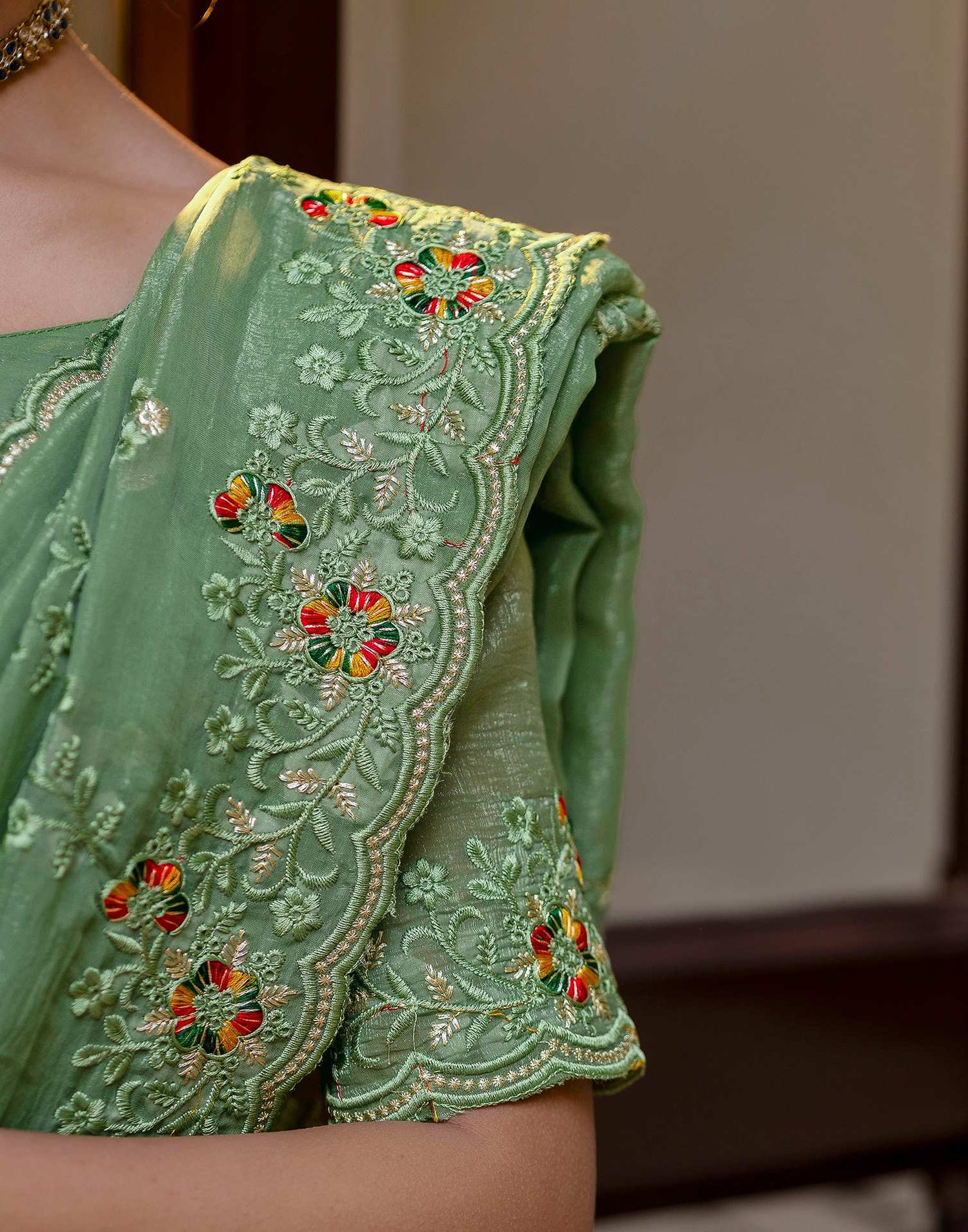 Dusty Green Shimmer Embroidery Saree