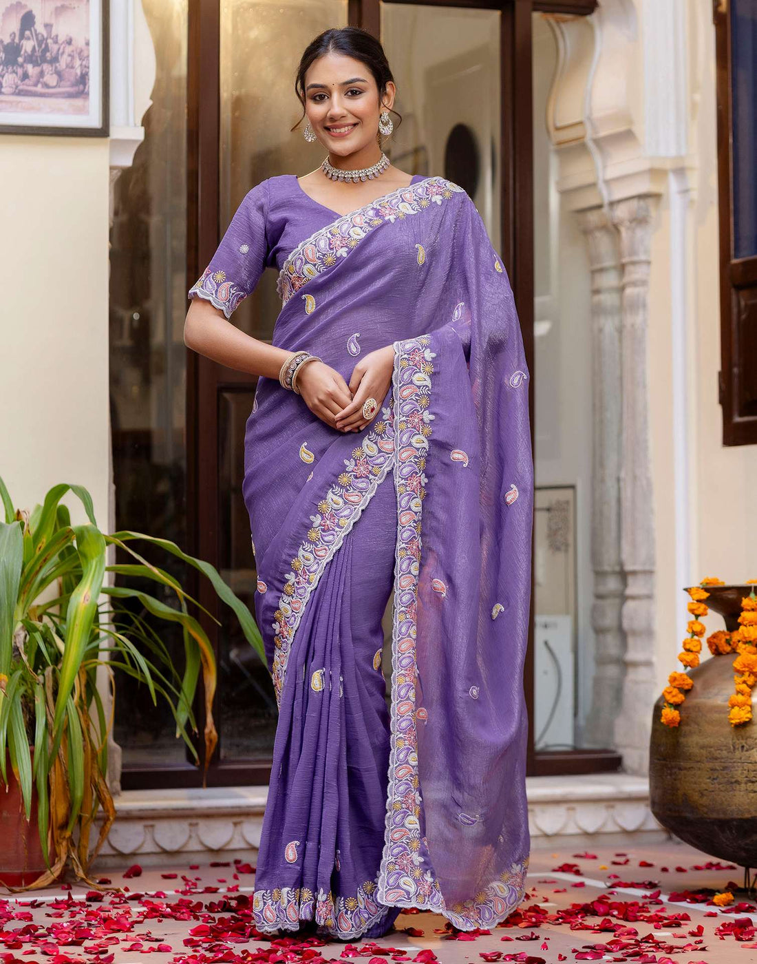 Lavender Shimmer Embroidery Saree