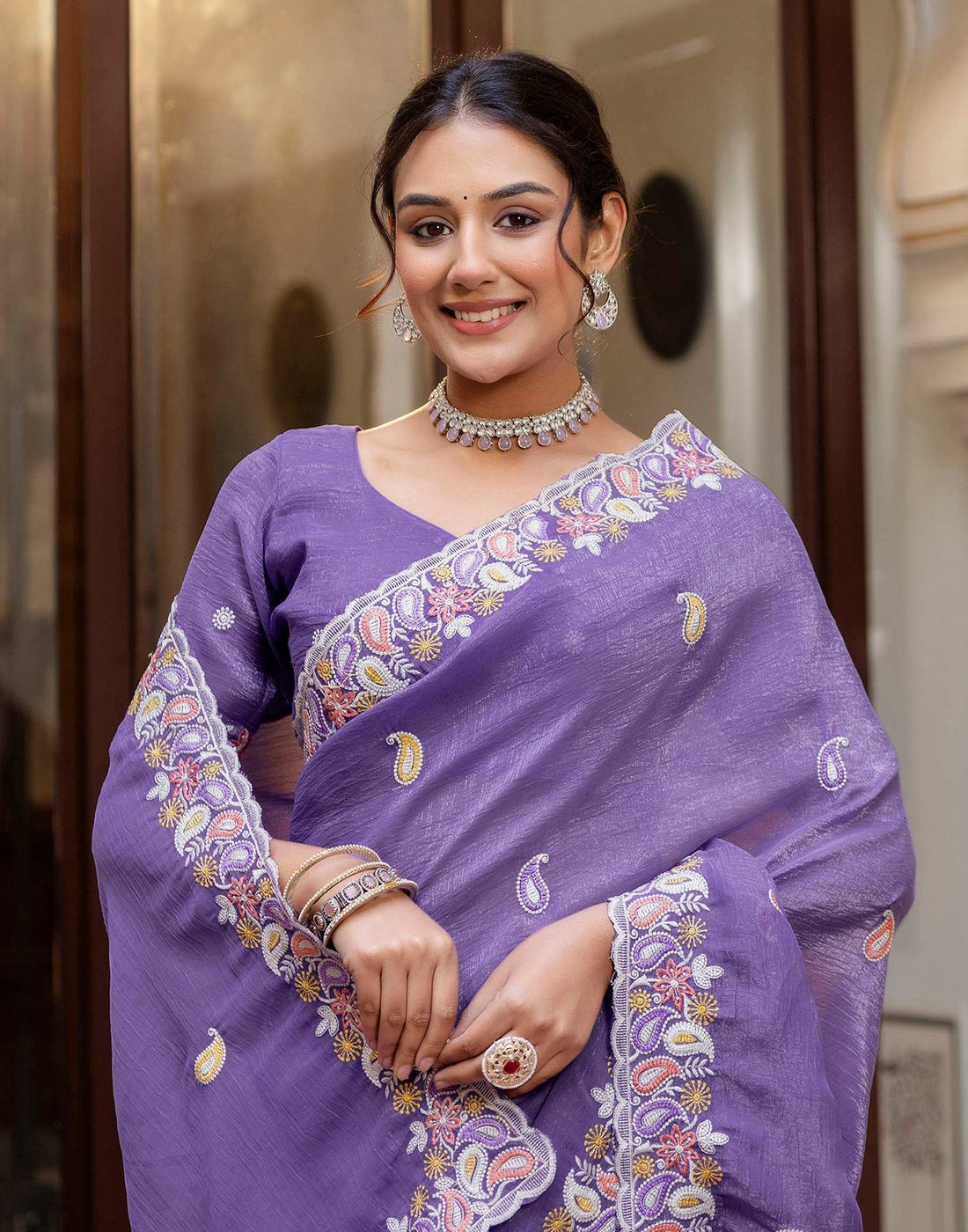 Lavender Shimmer Embroidery Saree