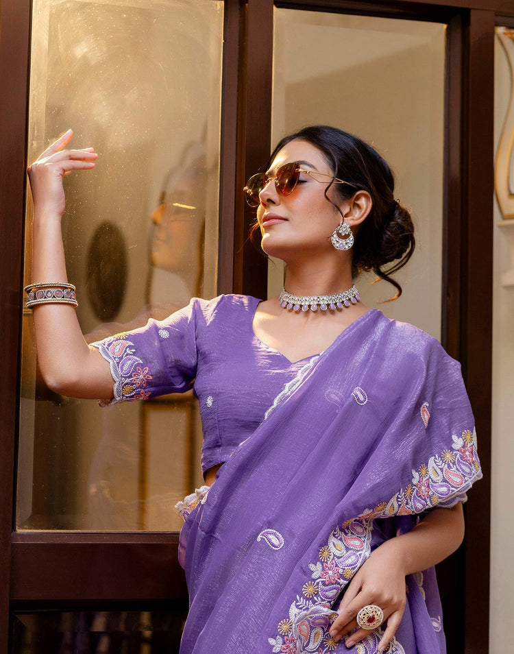 Lavender Shimmer Embroidery Saree
