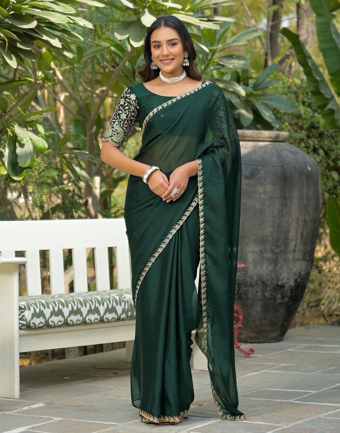 Bottle Green Silk Embroidery Saree
