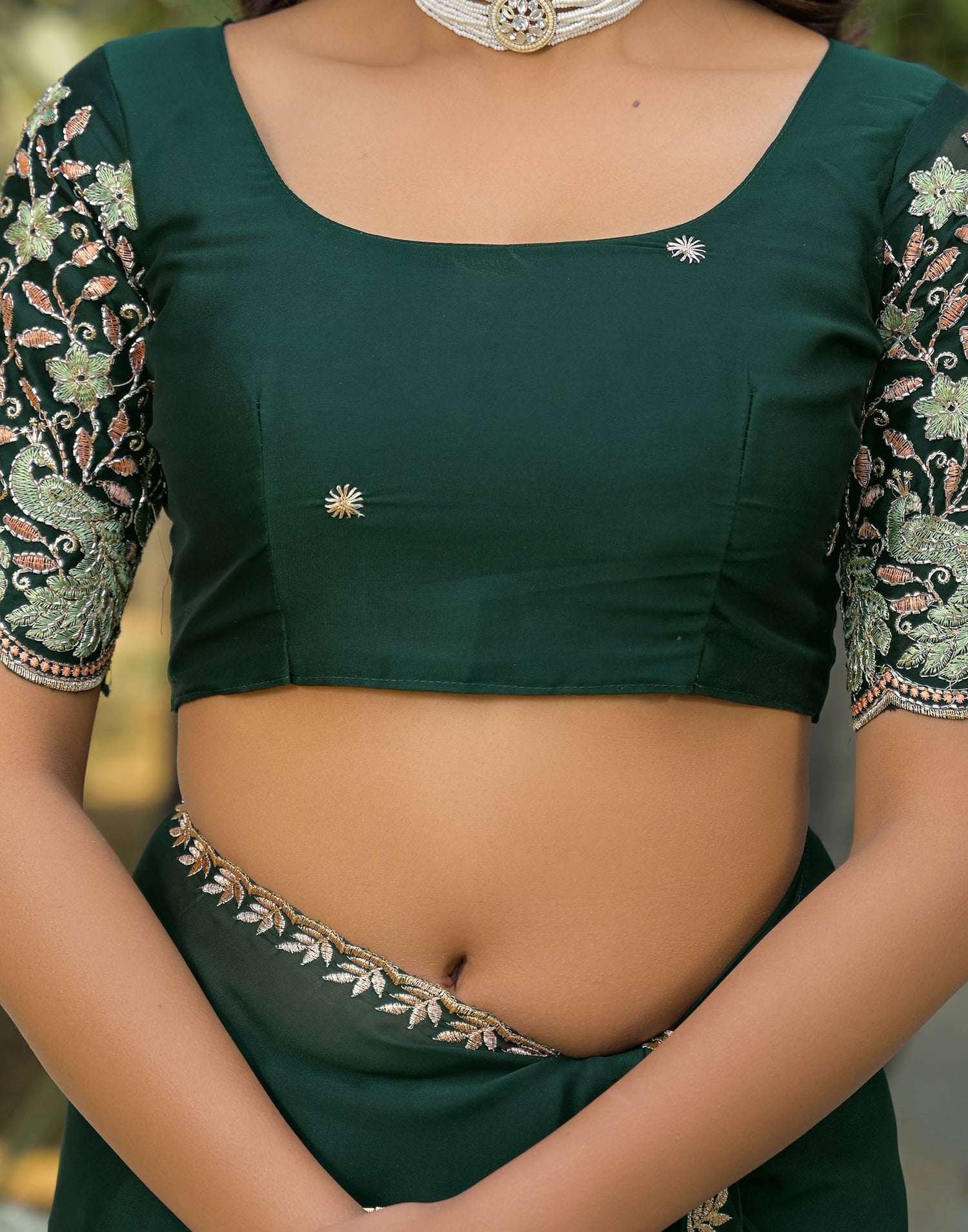 Bottle Green Silk Embroidery Saree