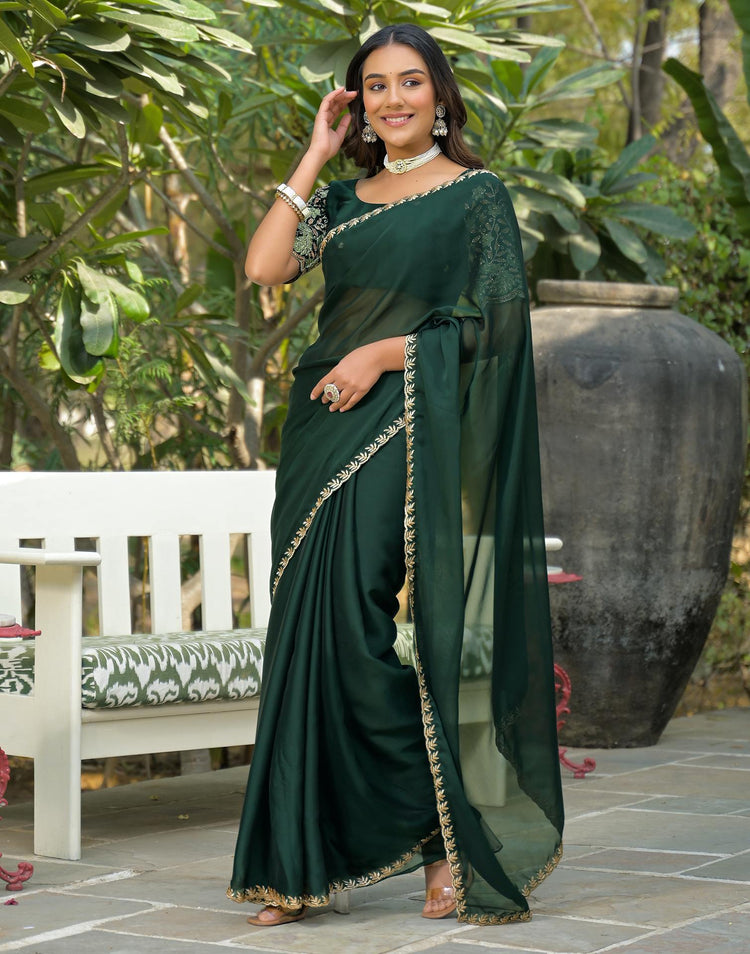 Bottle Green Silk Embroidery Saree