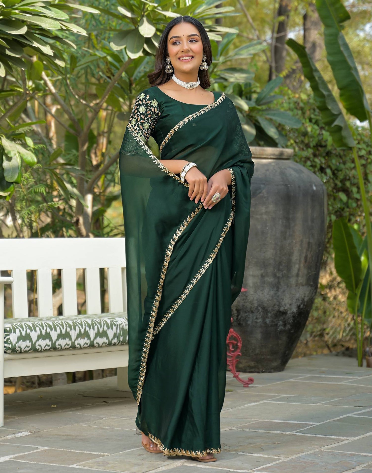 Bottle Green Silk Embroidery Saree