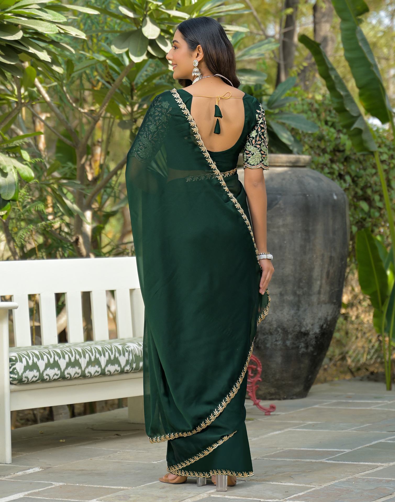 Bottle Green Silk Embroidery Saree