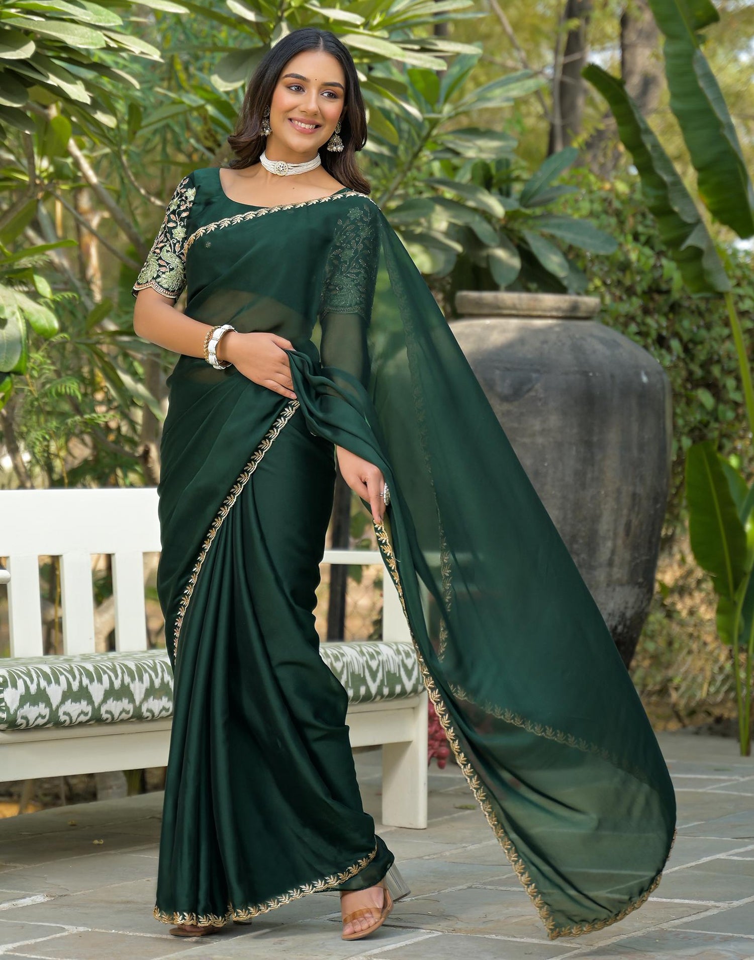 Bottle Green Silk Embroidery Saree