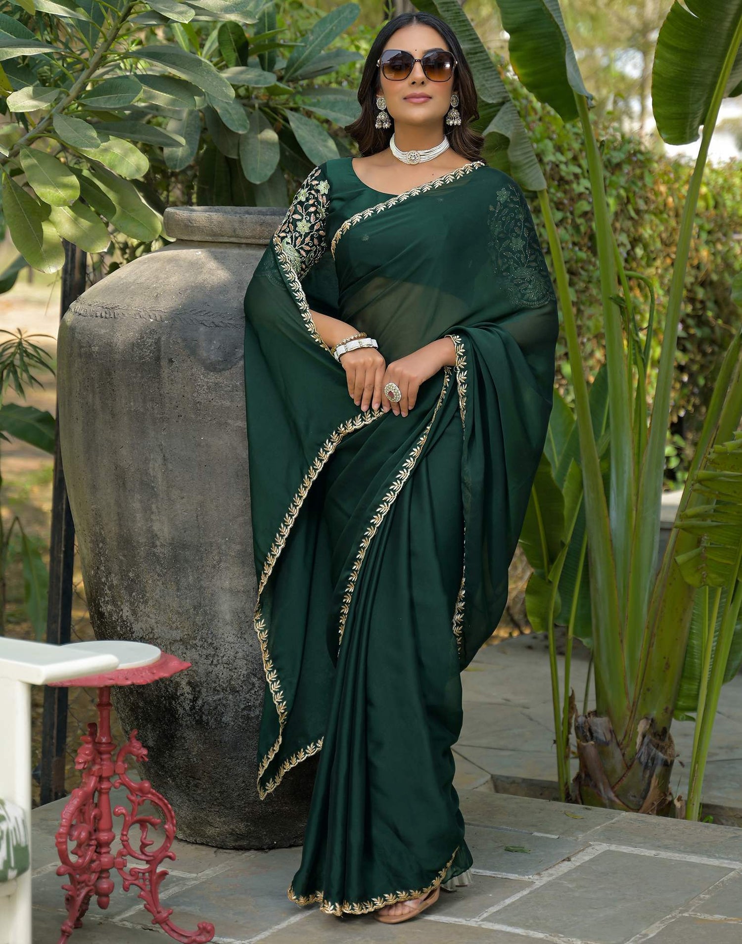 Bottle Green Silk Embroidery Saree
