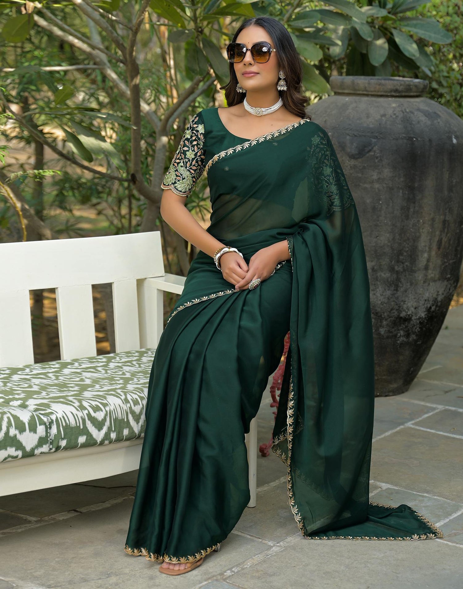 Bottle Green Silk Embroidery Saree
