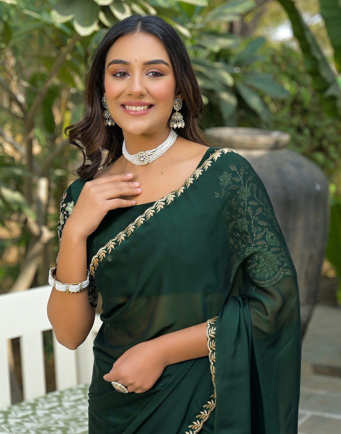 Bottle Green Silk Embroidery Saree