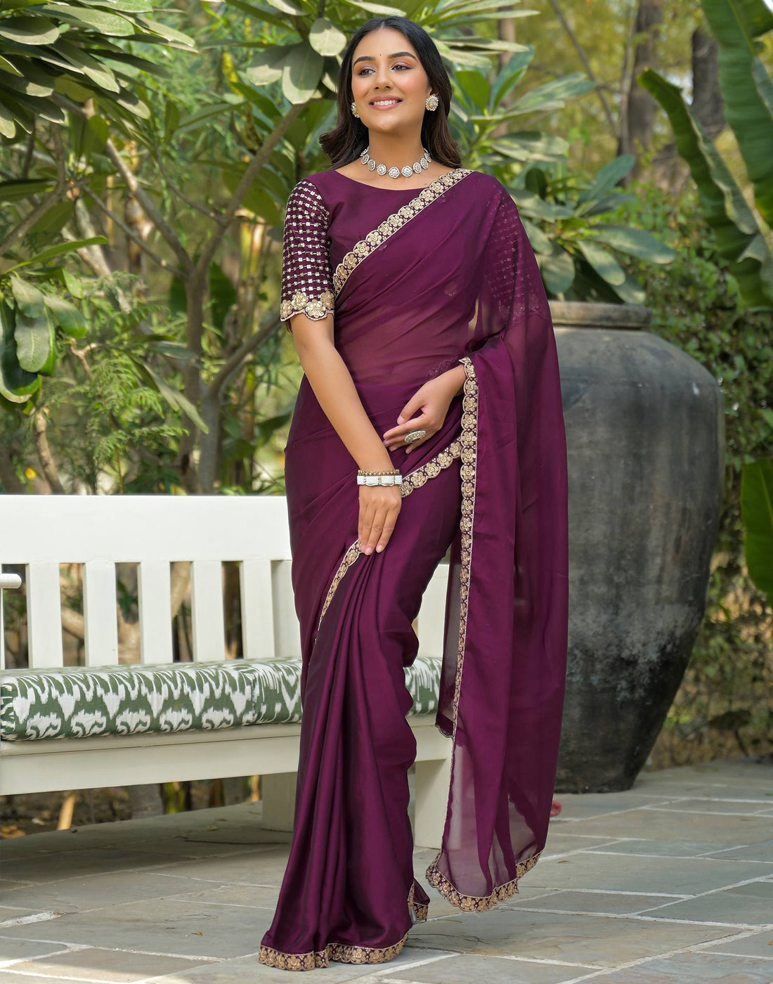 Wine Silk Sequence Embroidery Lace Saree