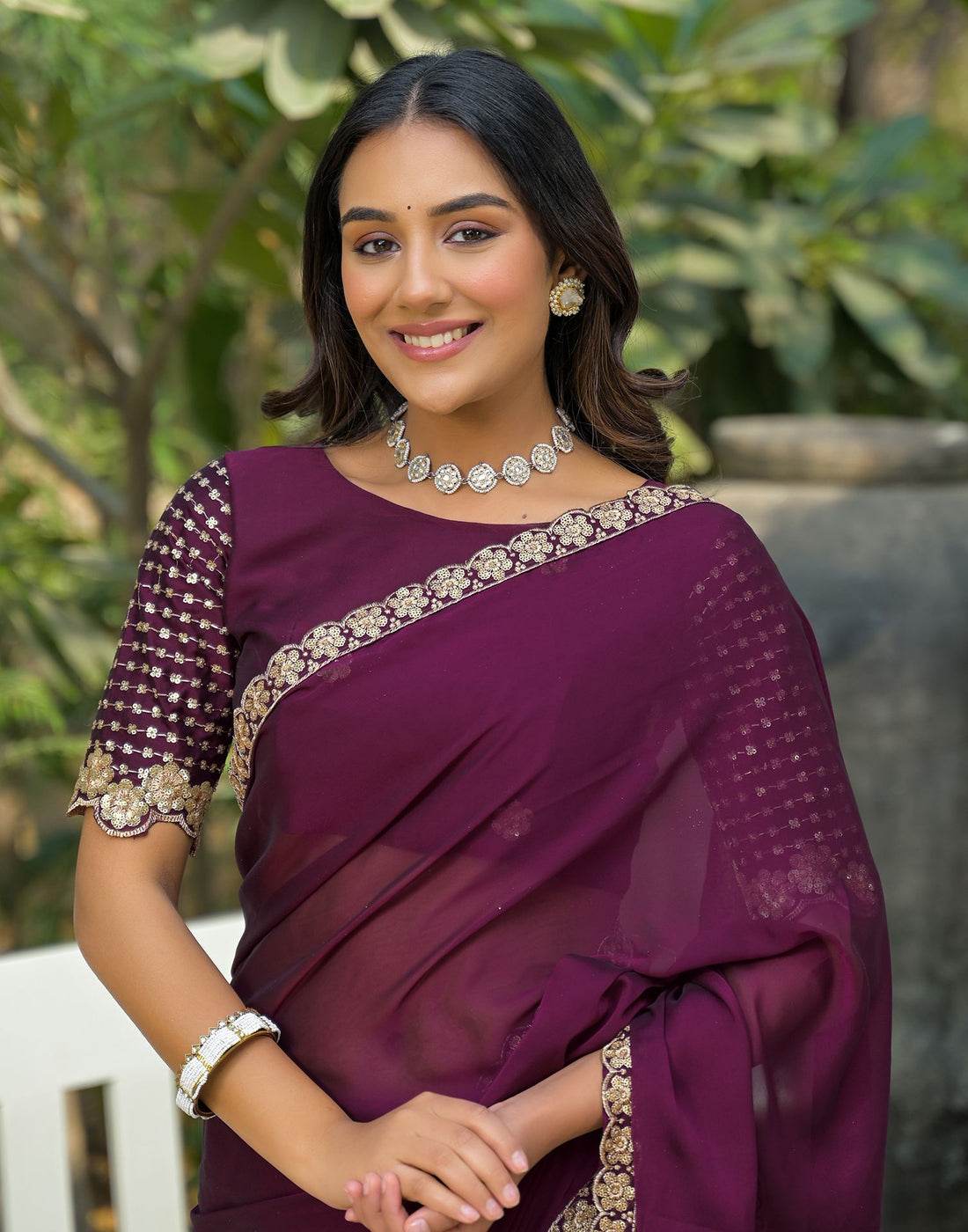 Wine Silk Sequence Embroidery Lace Saree