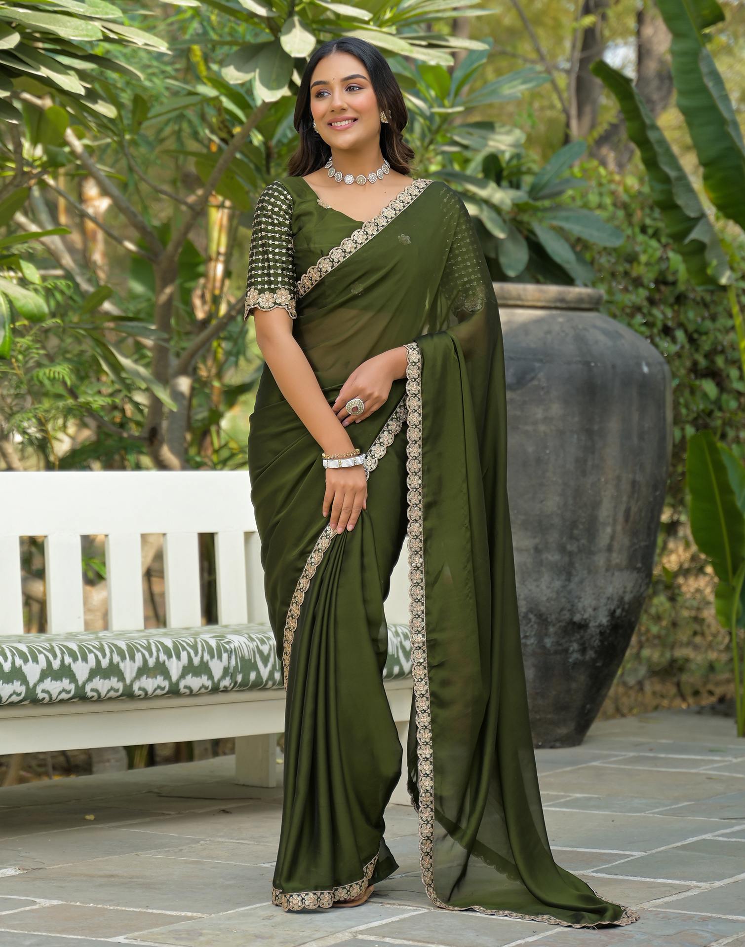 Mehandi Green Silk Sequence Embroidery Lace Saree