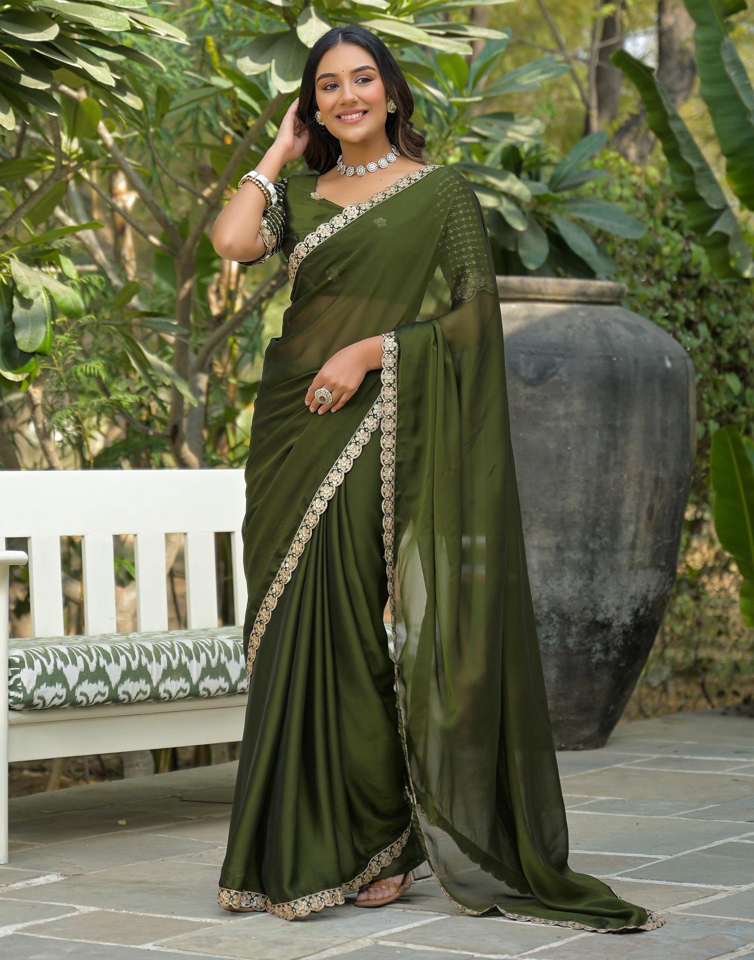Mehandi Green Silk Sequence Embroidery Lace Saree