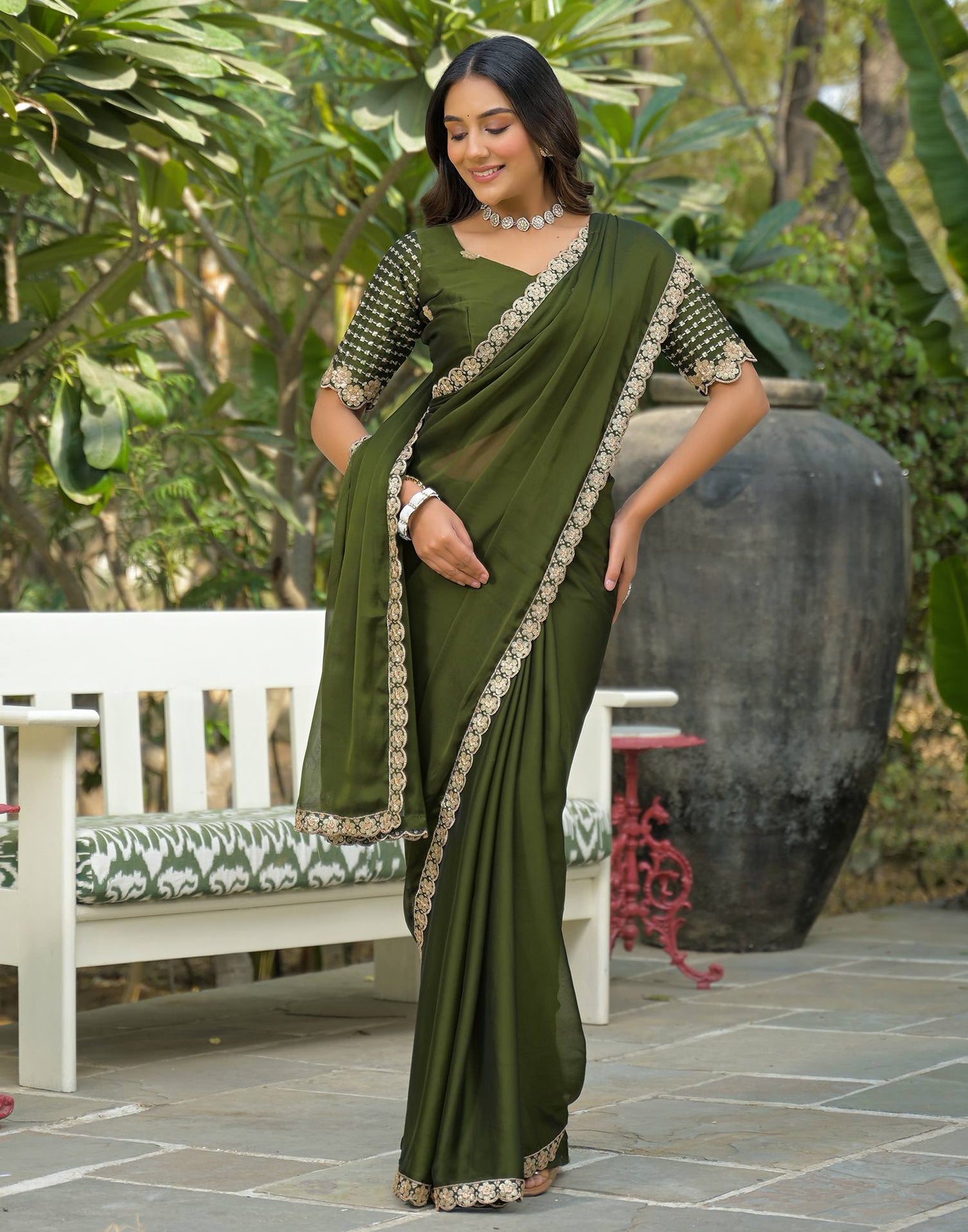 Mehandi Green Silk Sequence Embroidery Lace Saree