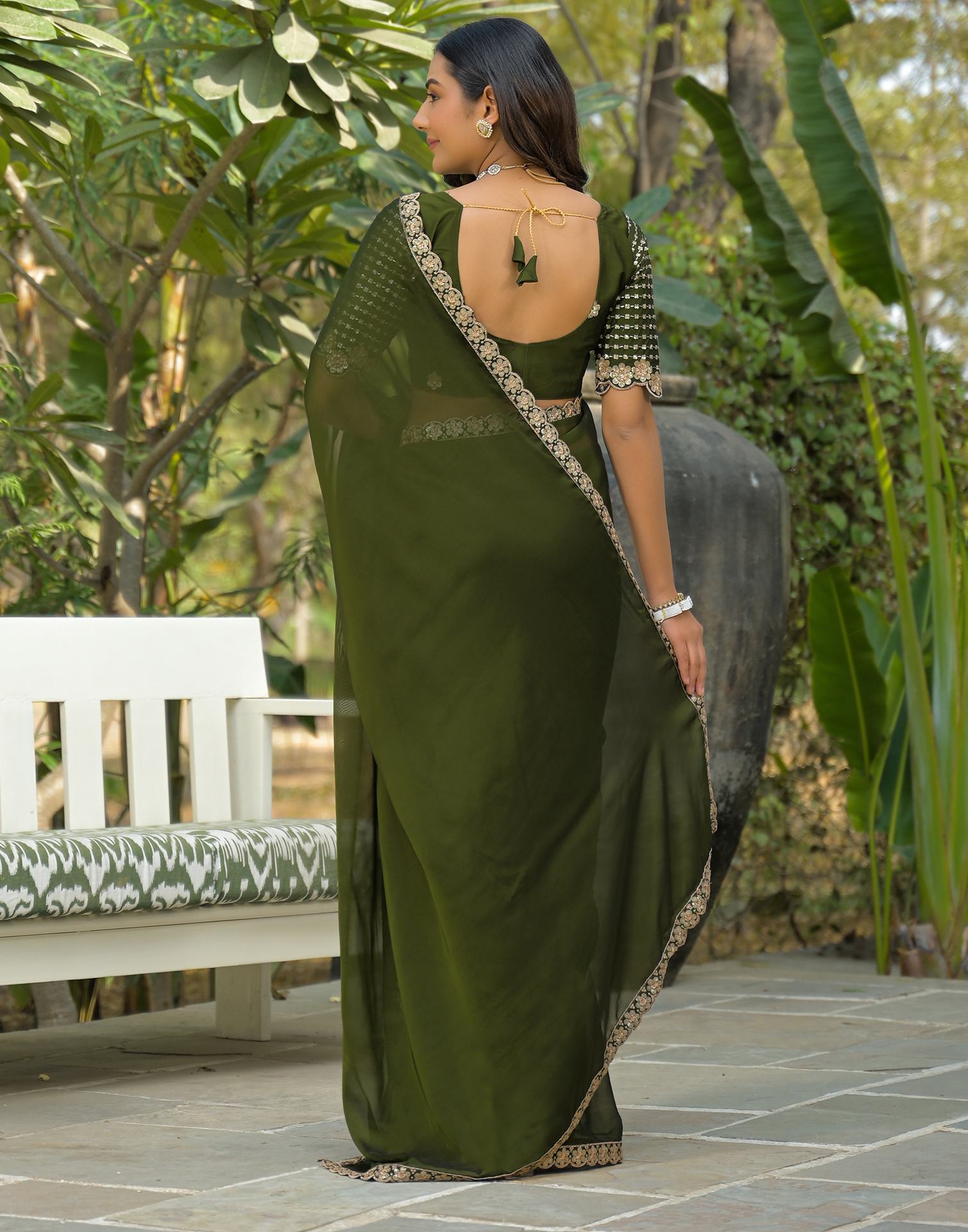Mehandi Green Silk Sequence Embroidery Lace Saree