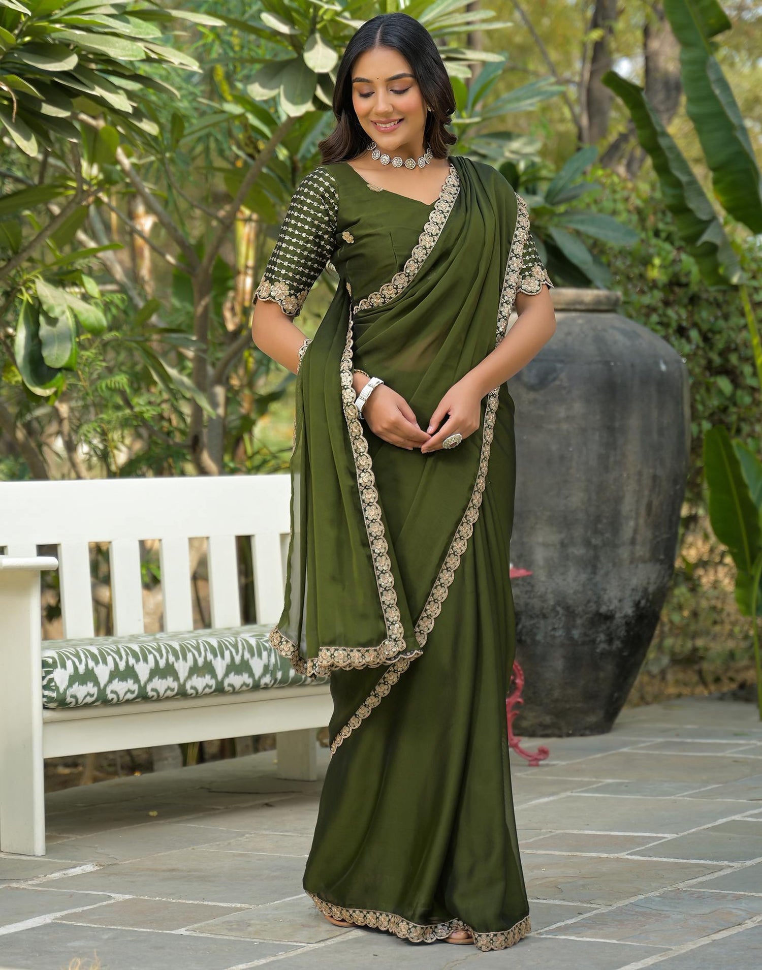 Mehandi Green Silk Sequence Embroidery Lace Saree