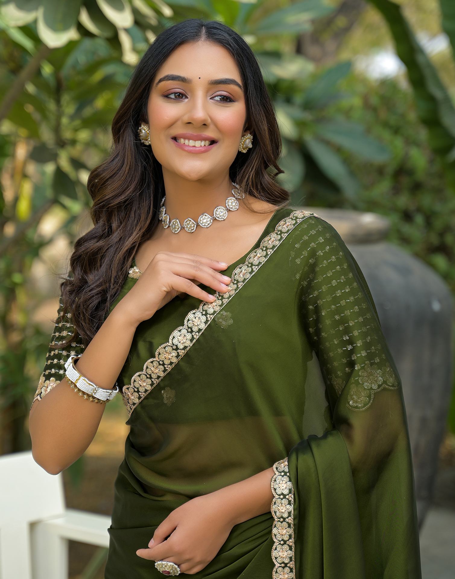 Mehandi Green Silk Sequence Embroidery Lace Saree