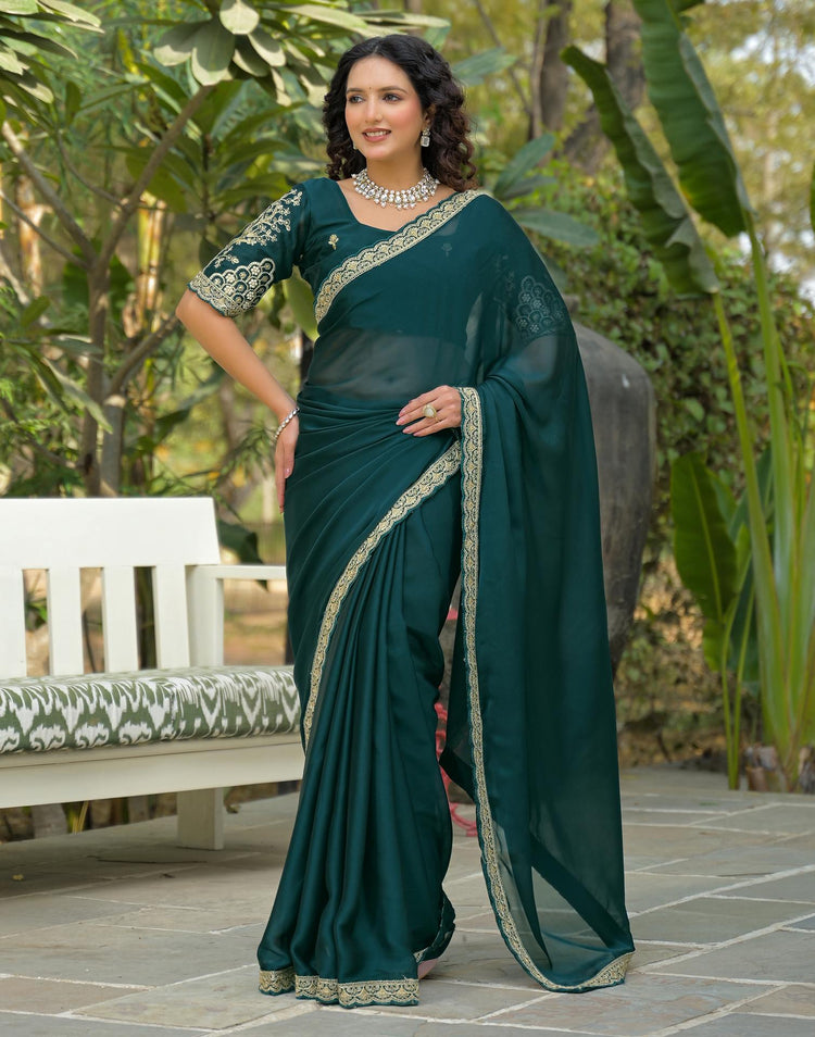 Teal Blue Silk Embroidery Lace Saree