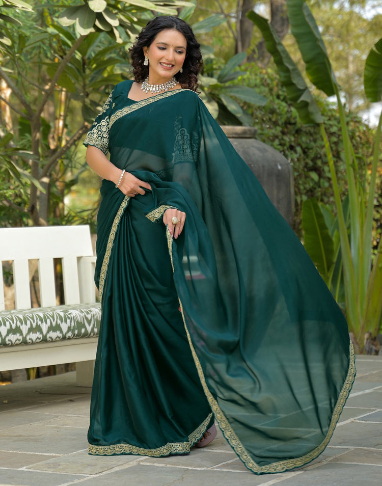 Teal Blue Silk Embroidery Lace Saree