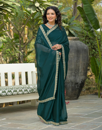 Teal Blue Silk Embroidery Lace Saree