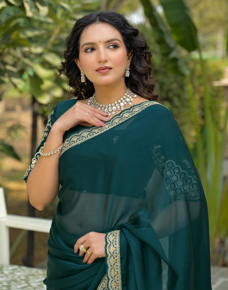 Teal Blue Silk Embroidery Lace Saree