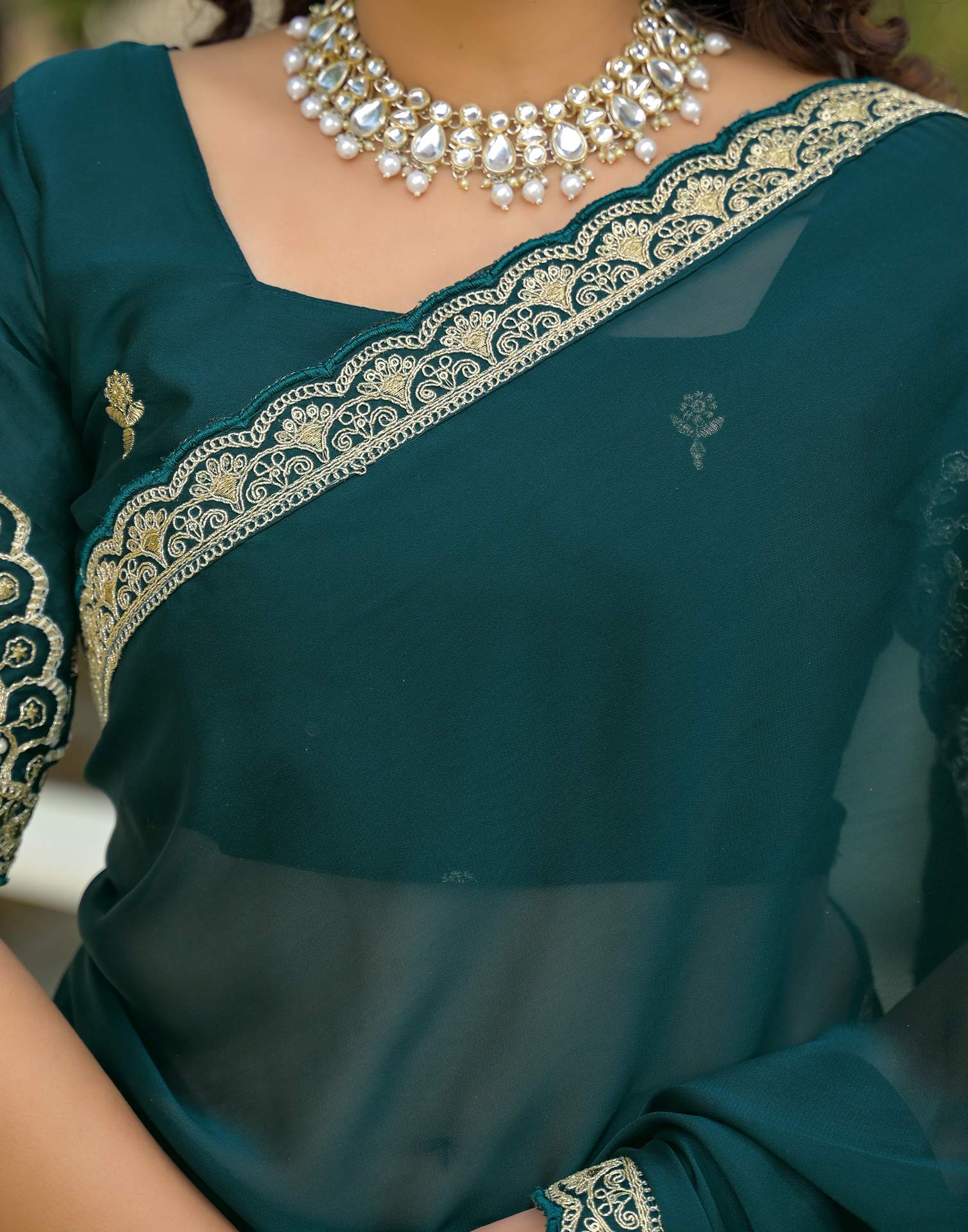 Teal Blue Silk Embroidery Lace Saree