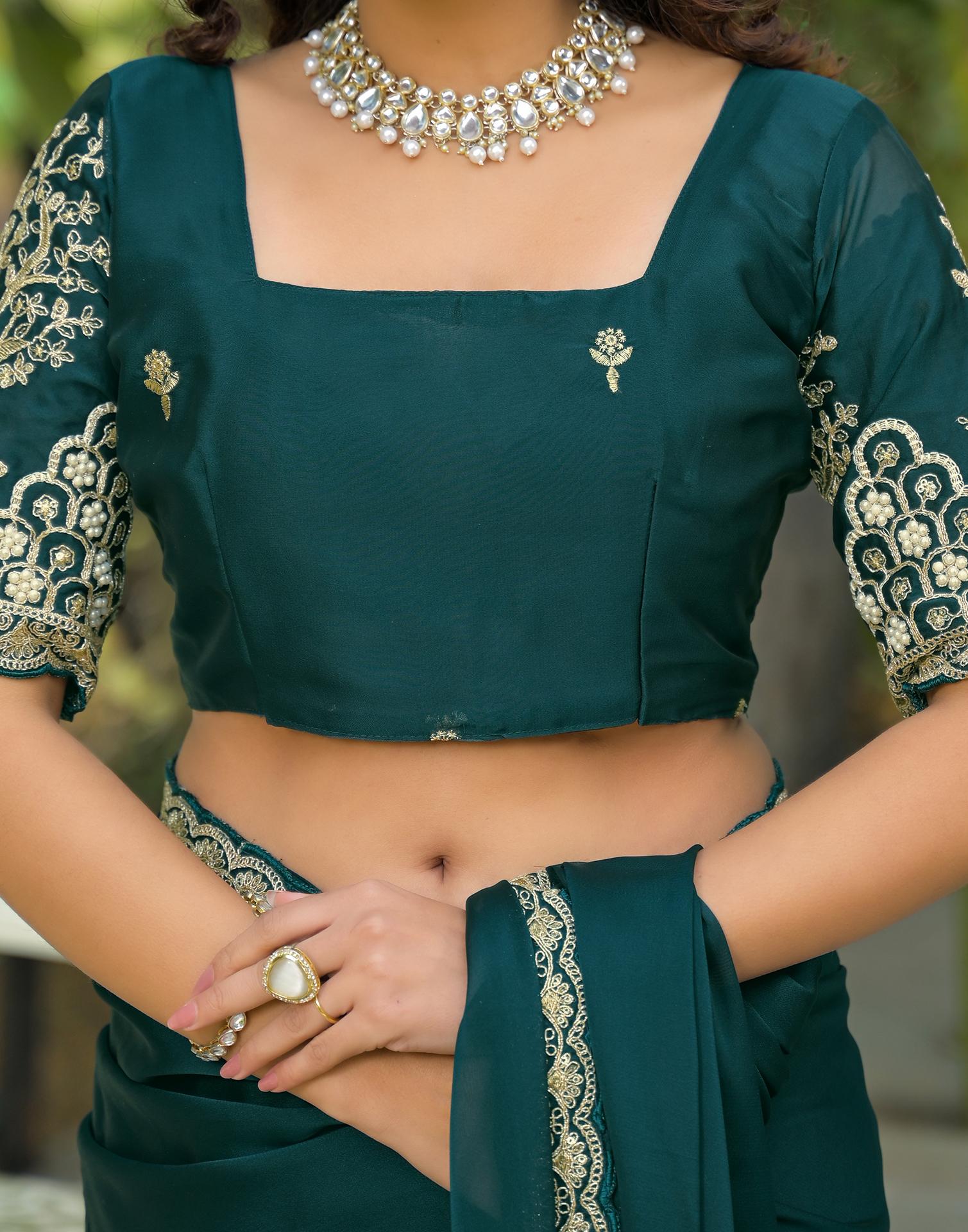 Teal Blue Silk Embroidery Lace Saree