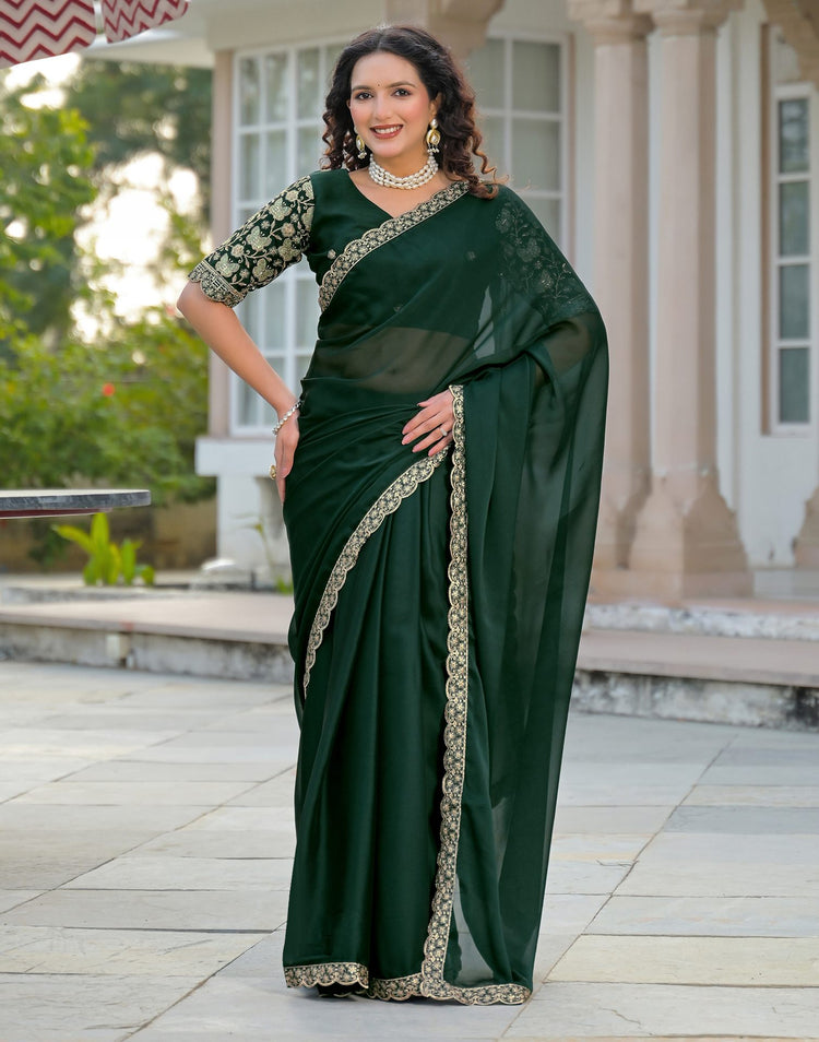 Bottle Green Silk Sequence Embroidery Lace Saree