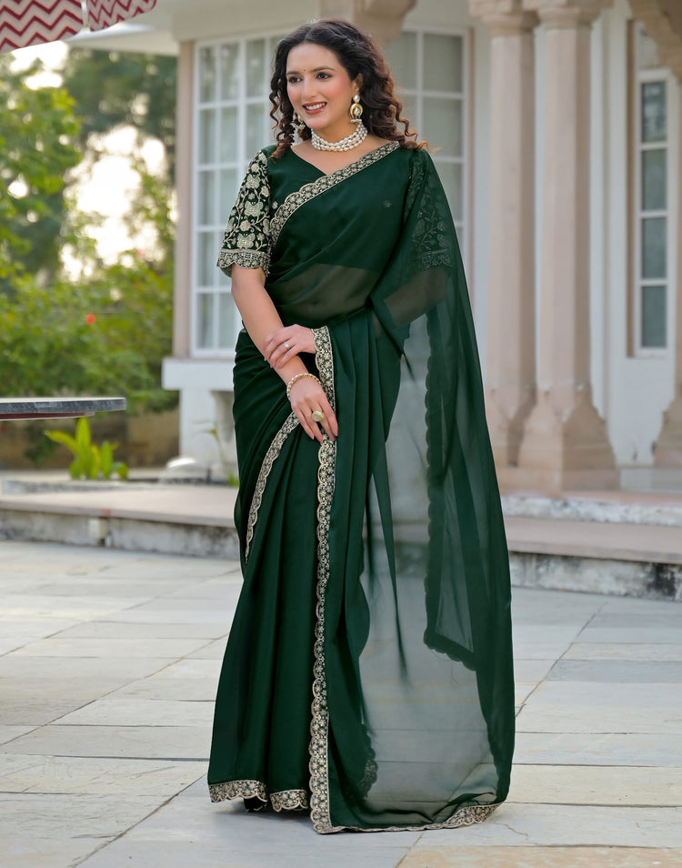 Bottle Green Silk Sequence Embroidery Lace Saree