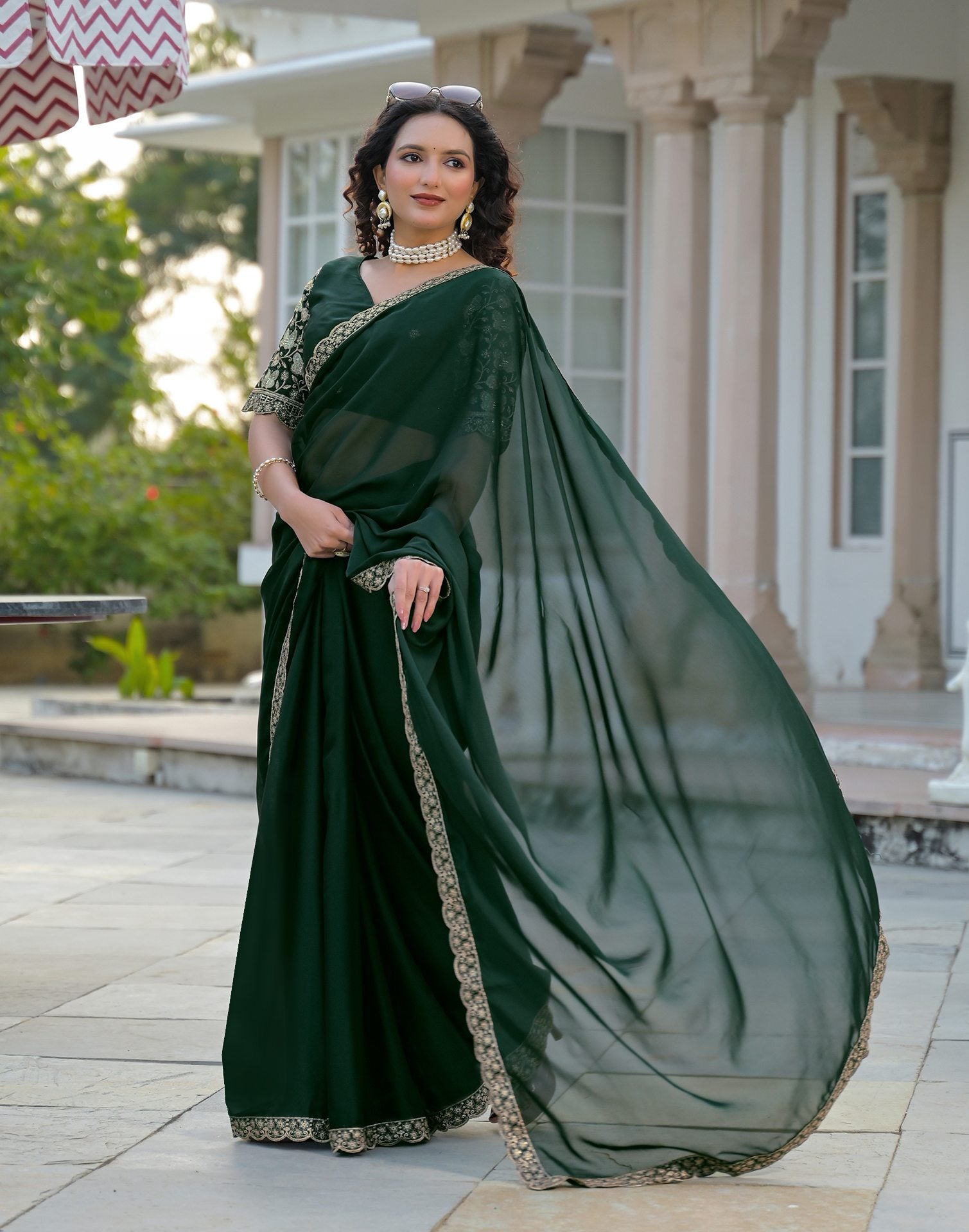Bottle Green Silk Sequence Embroidery Lace Saree