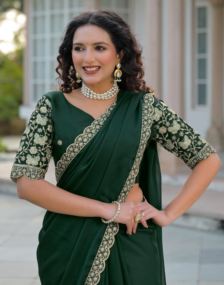 Bottle Green Silk Sequence Embroidery Lace Saree